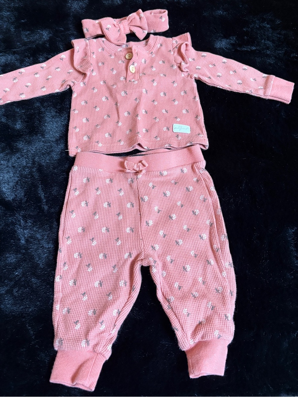 Pink Floral Knit Two-Piece Kids Pajama Set with Headband
